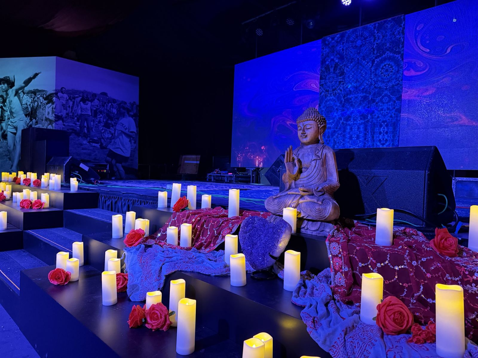 Altar candles and projection, the night before opening