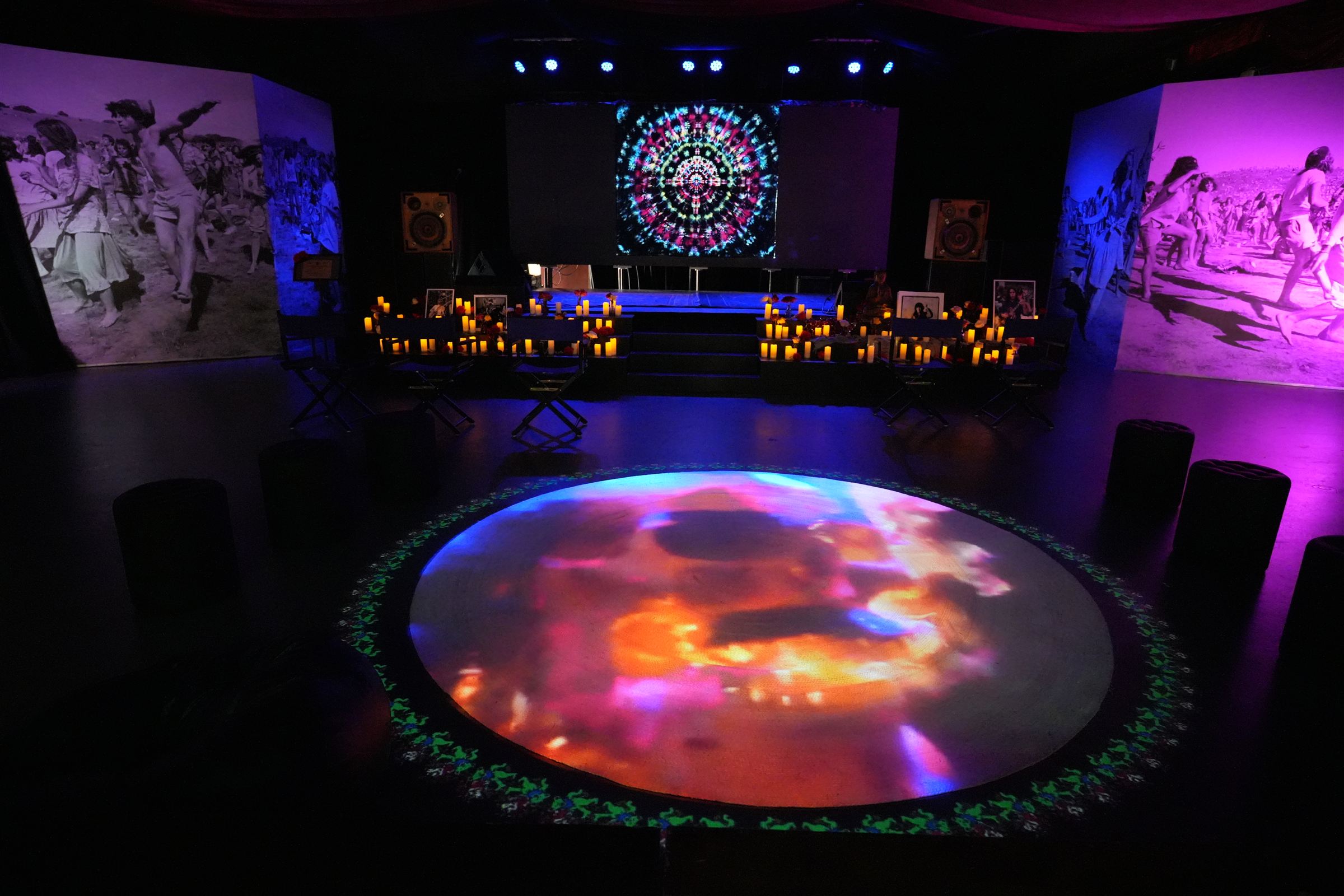 Looking down on the Resonance Circle, projected art across the rug