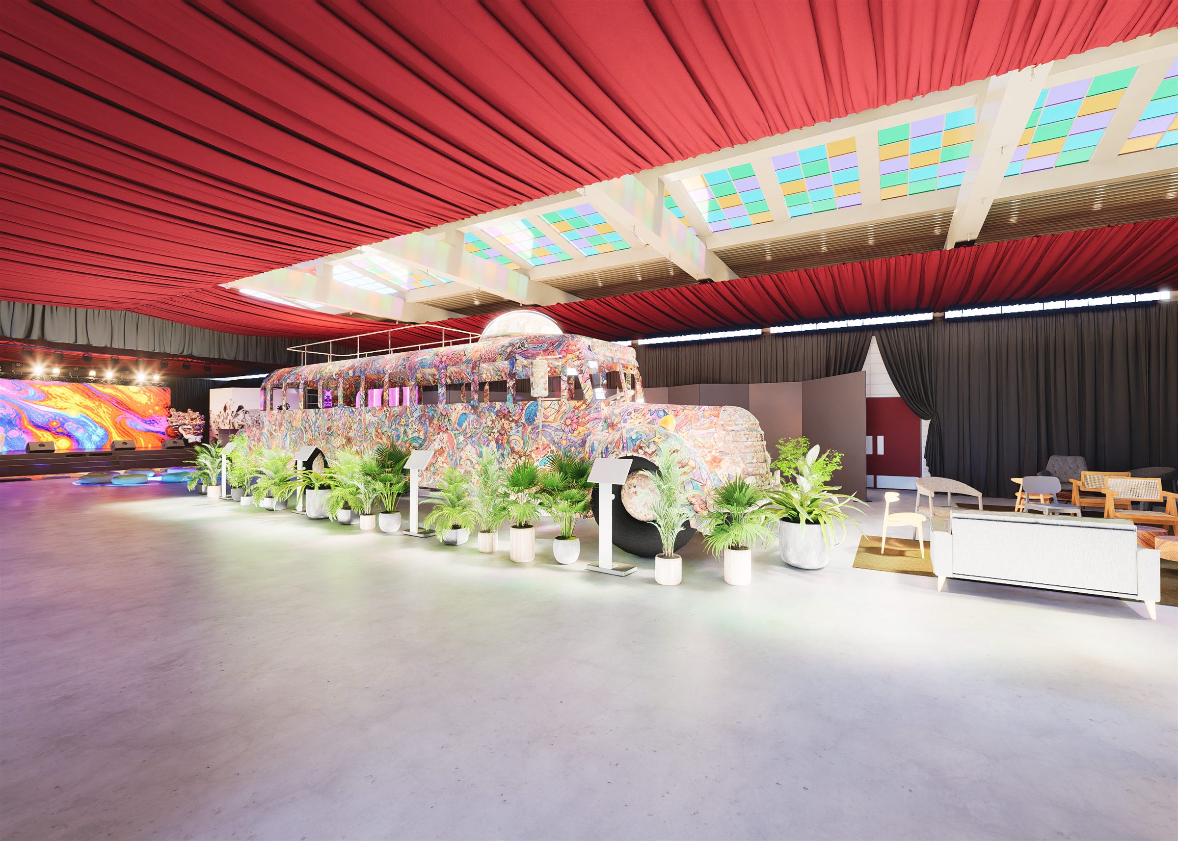 Rendered overview of the hall with the bus and stage