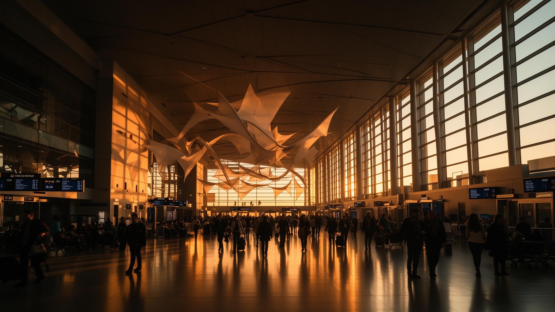 Modern airport terminal interior with dramatic light, illustrating the scale of an elevated passenger experience