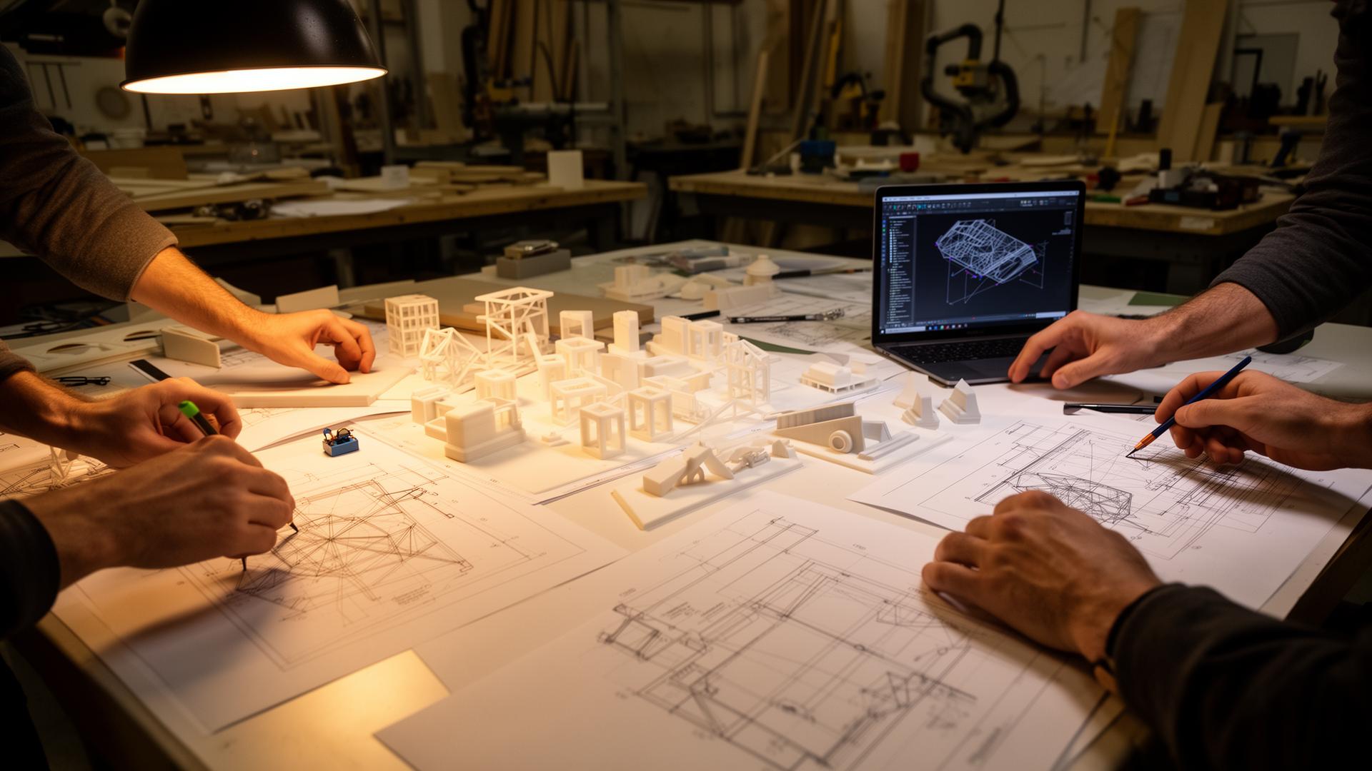 Designers reviewing 3D models and technical drawings around a studio table